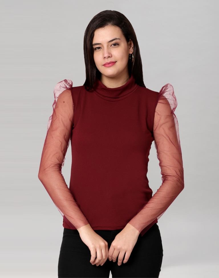 Maroon coloured Knitted Lycra Top | Leemboodi