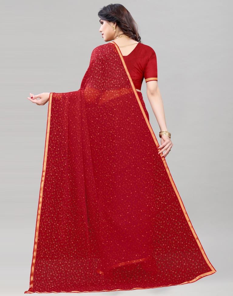 Red Coloured Printed Chiffon Saree | Leemboodi