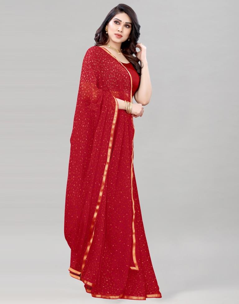 Red Coloured Printed Chiffon Saree | Leemboodi