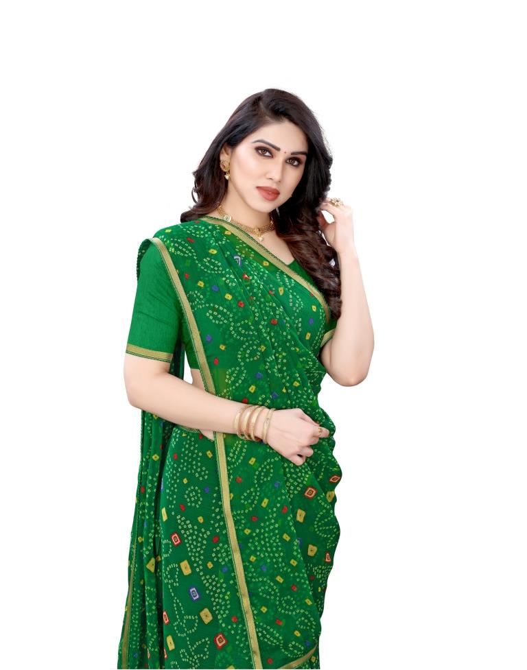 Green Coloured Chiffon Bandhani Printed Casual saree | Leemboodi
