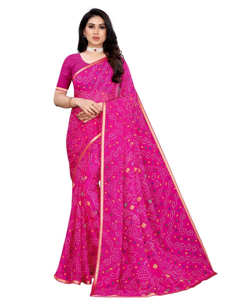 Hot Pink Coloured Chiffon Bandhani Printed Casual saree | Leemboodi