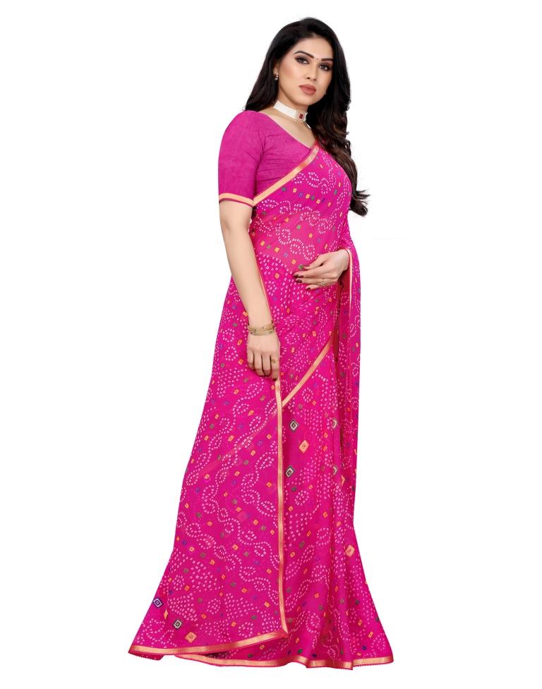 Hot Pink Coloured Chiffon Bandhani Printed Casual saree | Leemboodi