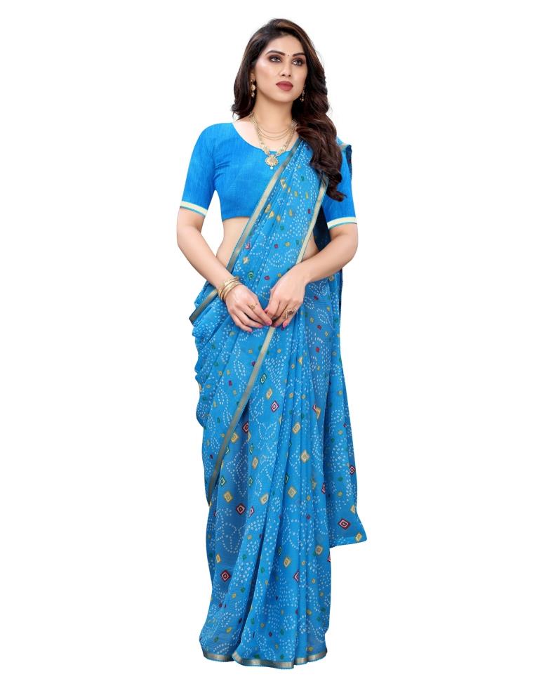 Sky Blue Coloured Chiffon Bandhani Printed Casual saree | Leemboodi