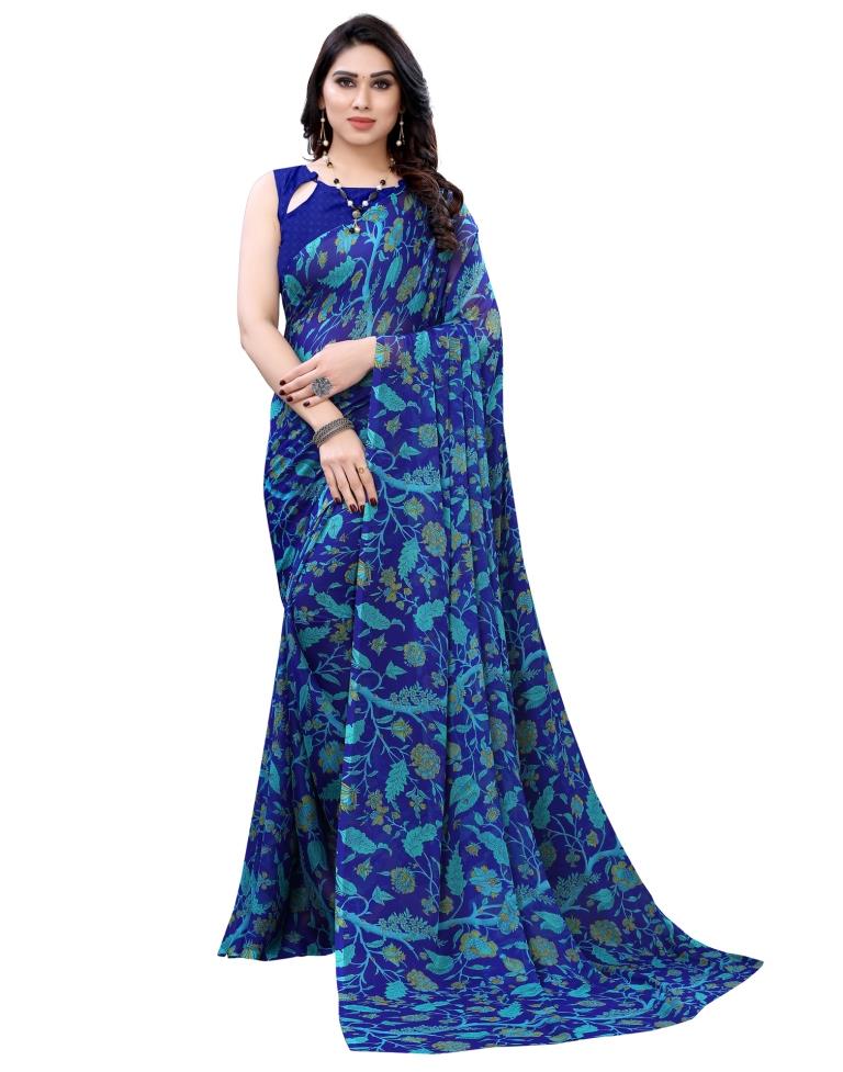 Royal Blue Coloured Printed Chiffon Saree | Leemboodi