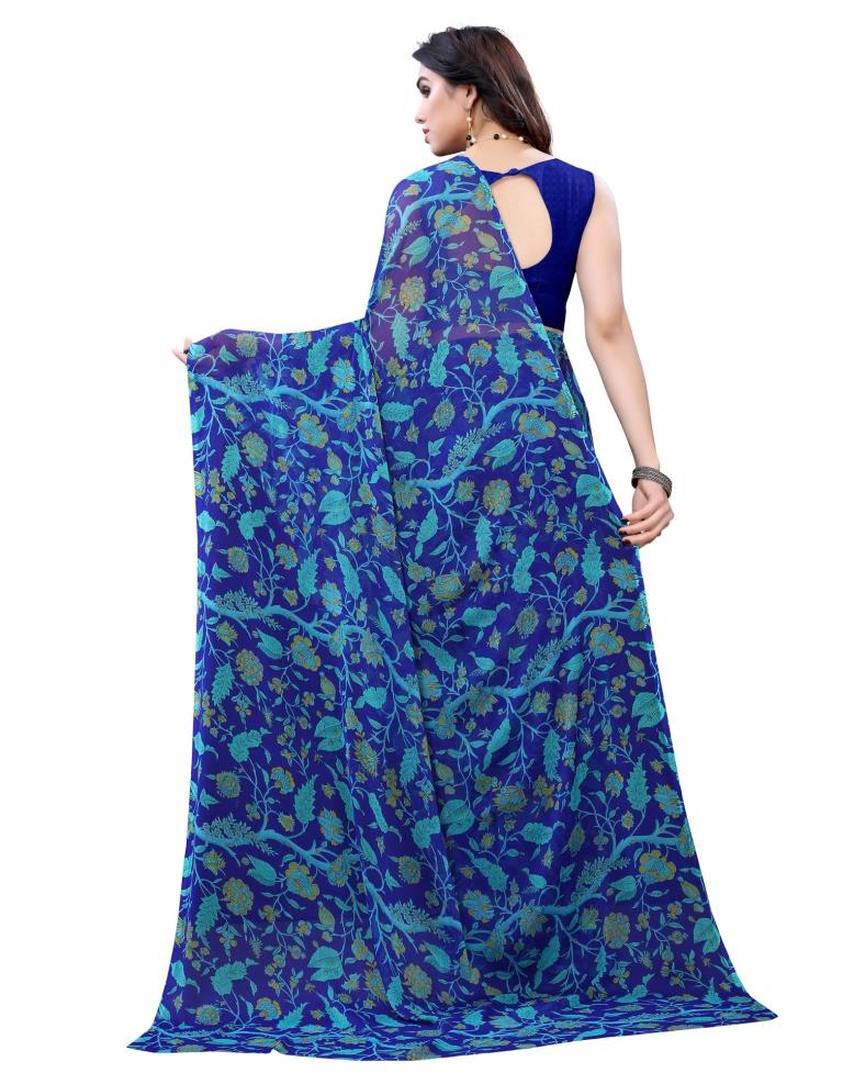 Royal Blue Coloured Printed Chiffon Saree | Leemboodi