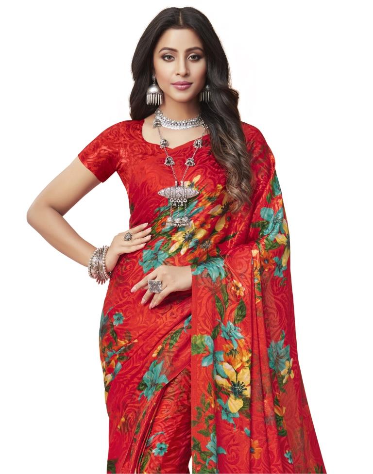 Ogee Printed Design Crimson Red Crepe Saree – Sundari Silks