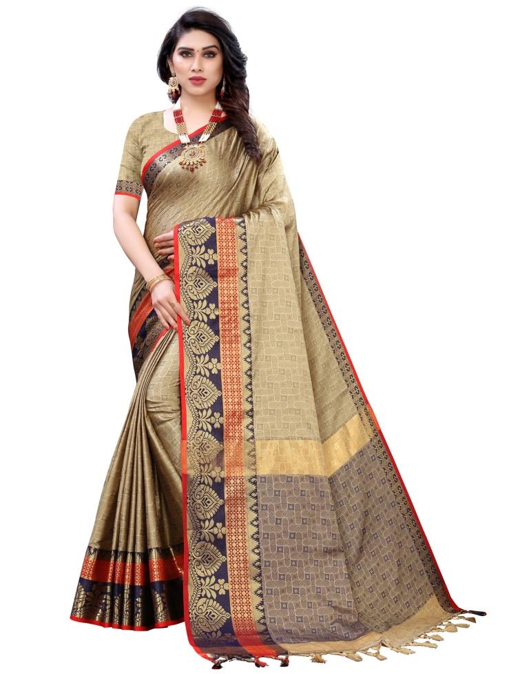 Beige Cotton Silk Geometric Saree | Leemboodi