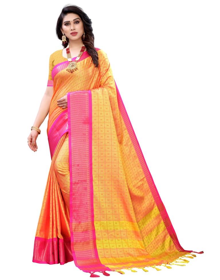 Yellow Cotton Silk Geometric Saree | Leemboodi