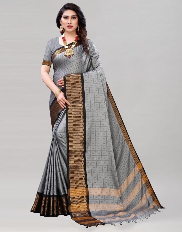 Grey Cotton Silk Geometric Saree | Leemboodi