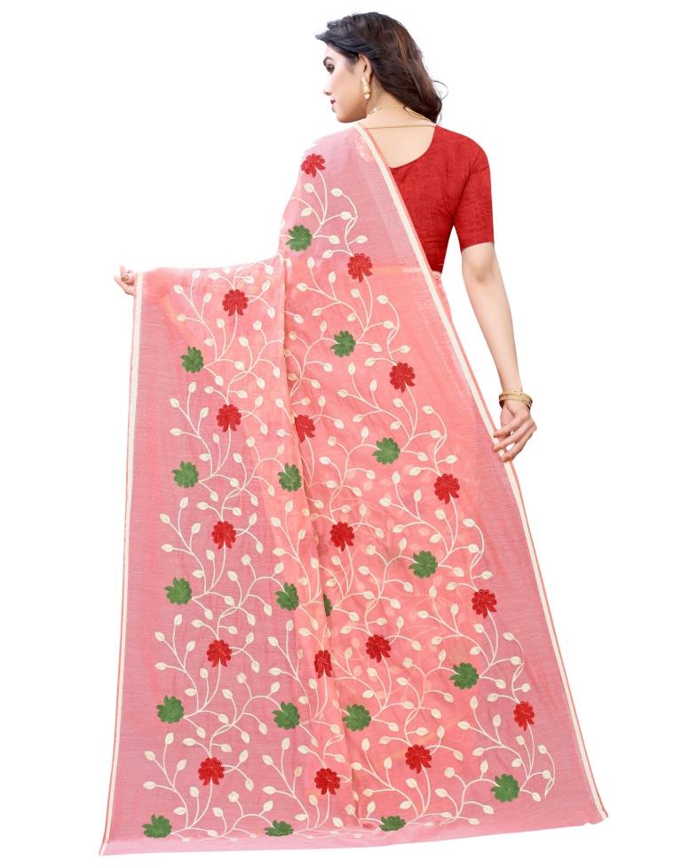 Peach Coloured Poly Cotton Embroidared Partywear saree | Leemboodi