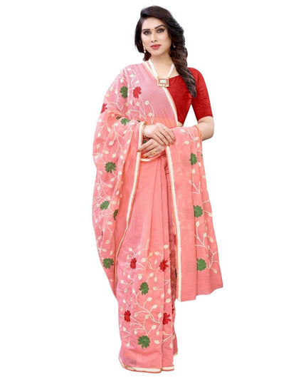 Peach Coloured Poly Cotton Embroidared Partywear saree | Leemboodi