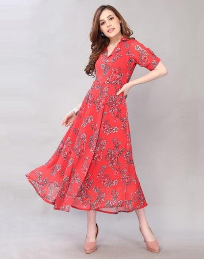 Affluent Red Coloured Digital Printed Polyester Dress | Leemboodi