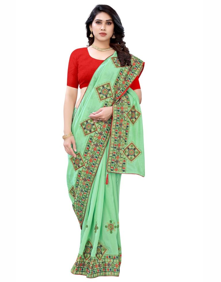 Mint Green Embroidered Silk Saree | Leemboodi