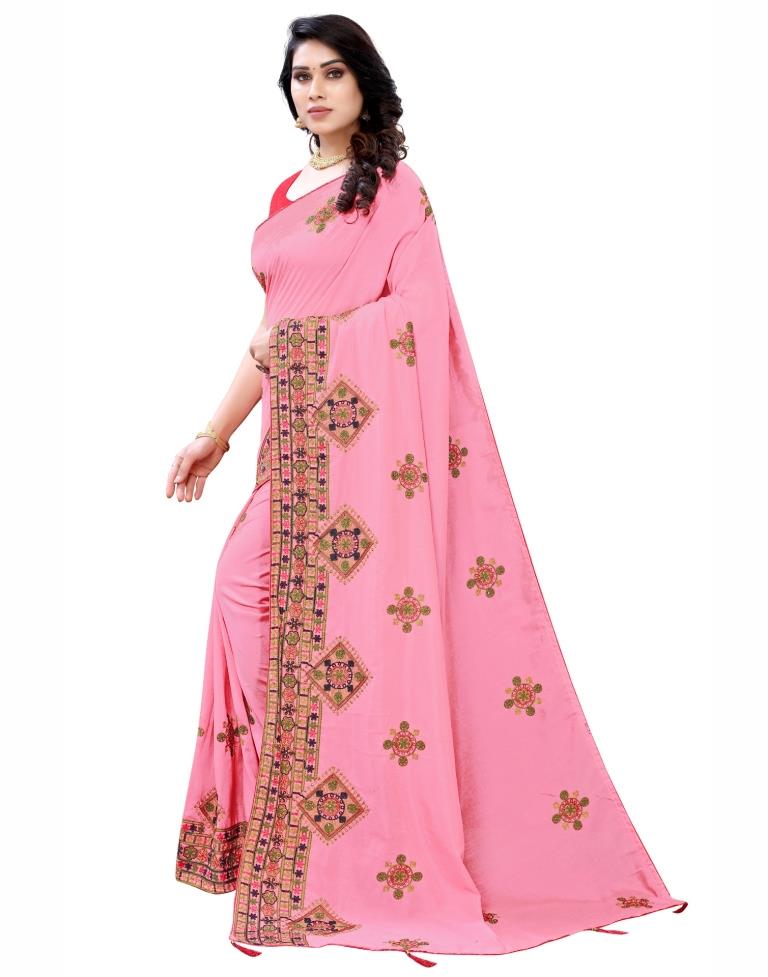 Ravishing Pink Embroidered Silk Saree | Leemboodi