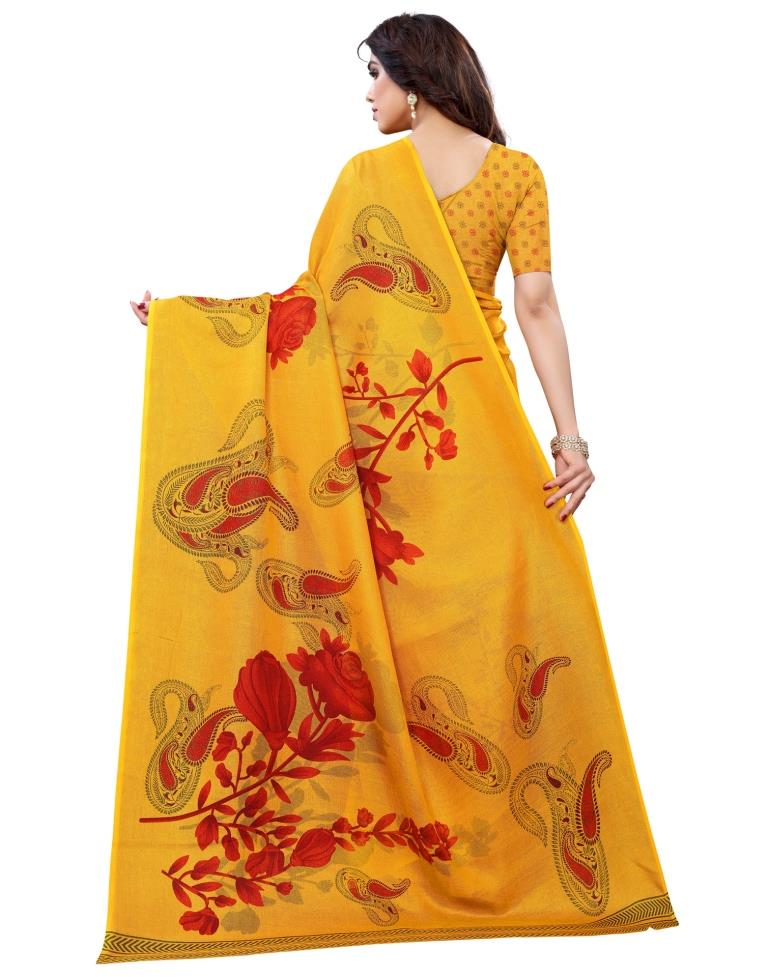 Turmeric Yellow Coloured Poly Jute Floral Printed Casual saree | Leemboodi
