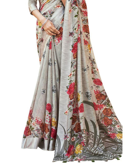 Adorable Silver Grey Jute Floral Printed Saree | Leemboodi