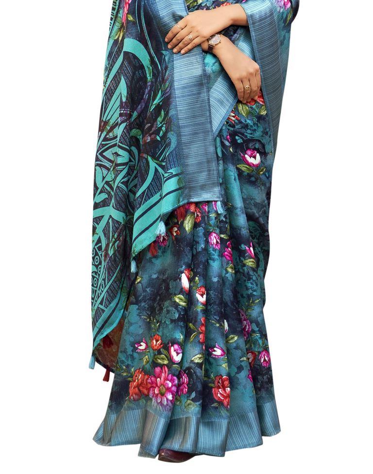 Dashing Teal Blue Jute Floral Printed Saree | Leemboodi
