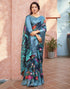 Dashing Teal Blue Jute Floral Printed Saree | Leemboodi