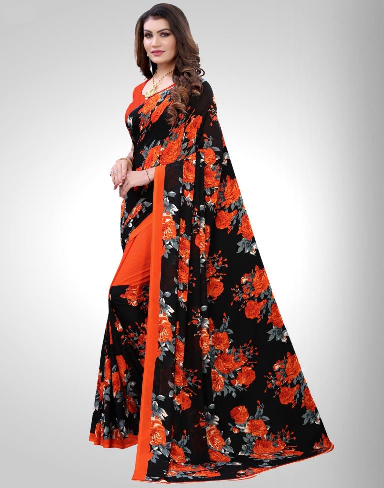 Black And Orange Coloured Georgette Floral Printed Saree | Leemboodi