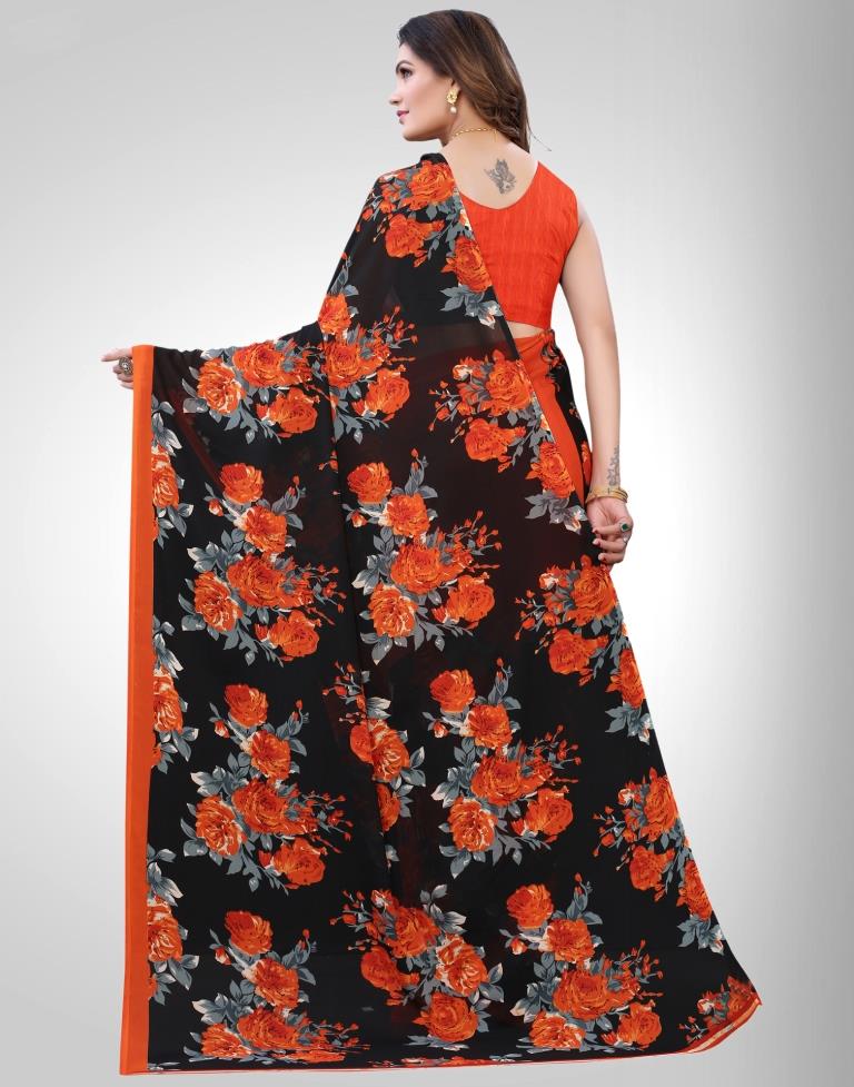 Black And Orange Coloured Georgette Floral Printed Saree | Leemboodi