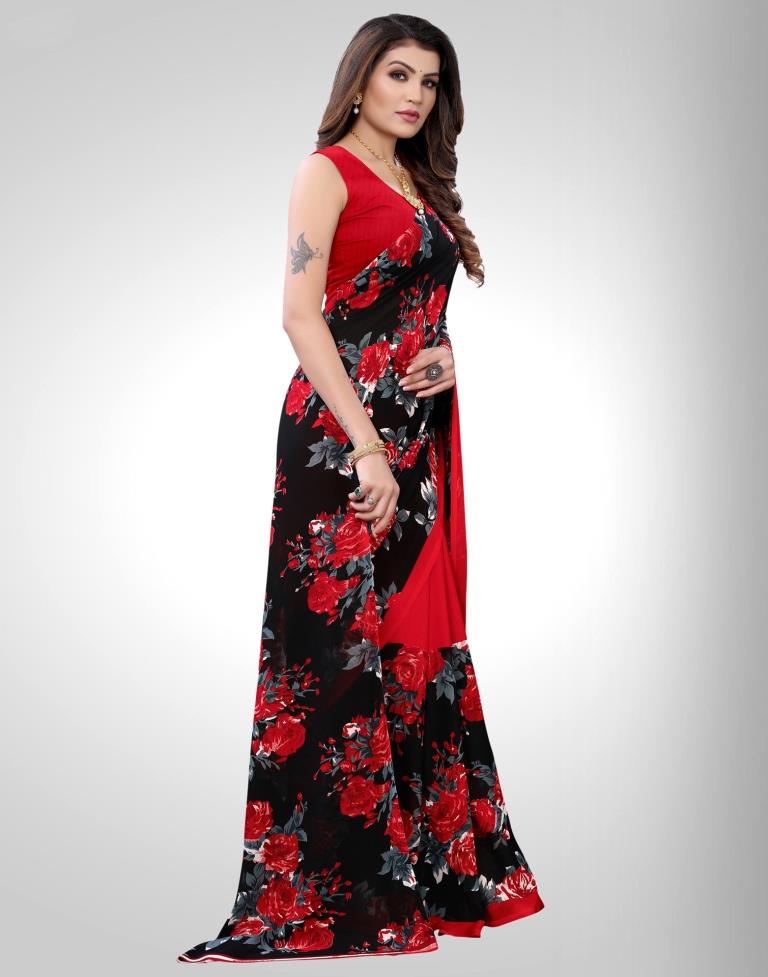 Black Coloured Georgette Floral Printed Casual saree | Leemboodi