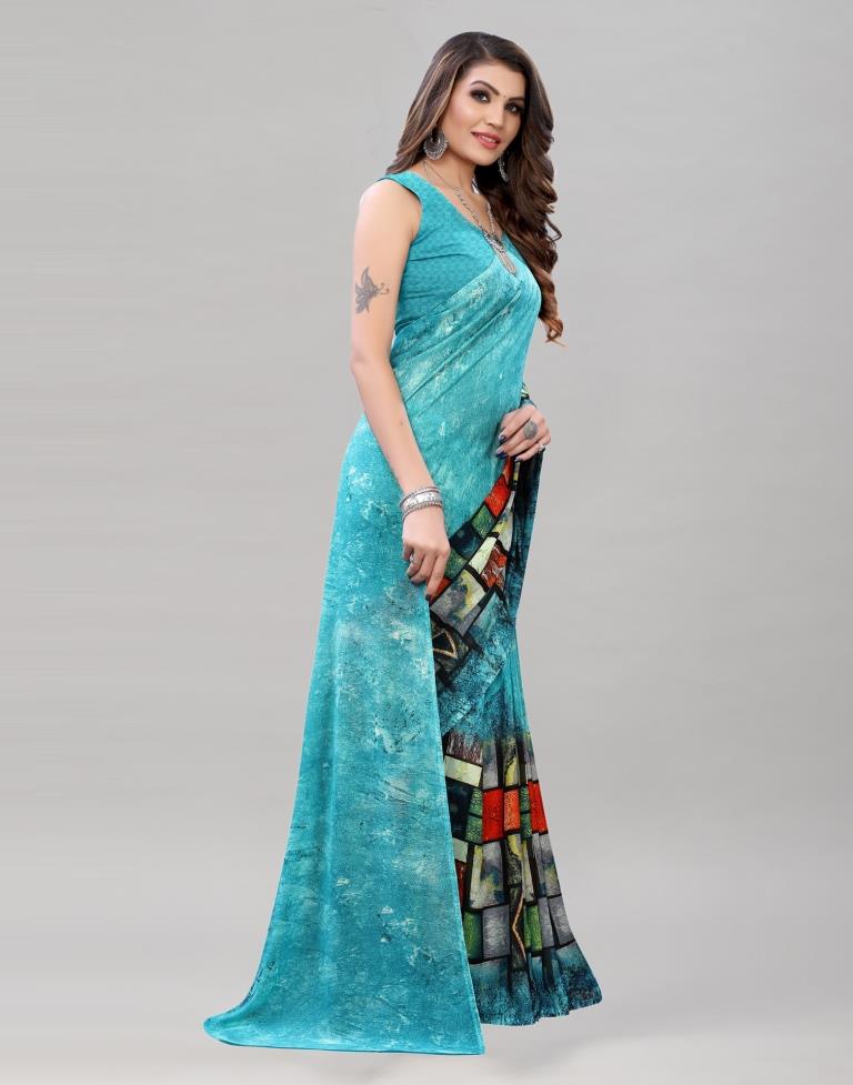 Tiffany Blue Printed Saree | Leemboodi