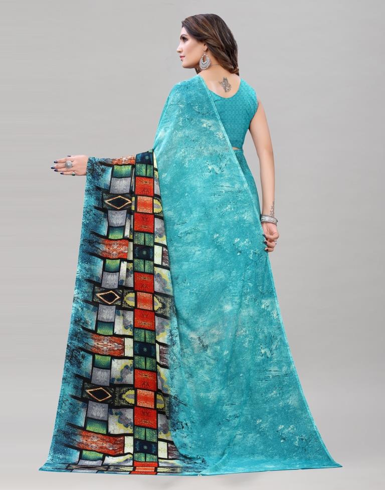 Tiffany Blue Printed Saree | Leemboodi