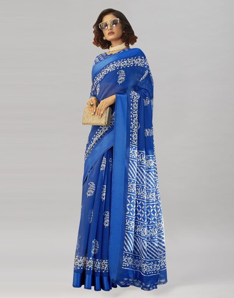 Bedazzling Blue Cotton Printed Saree | Leemboodi