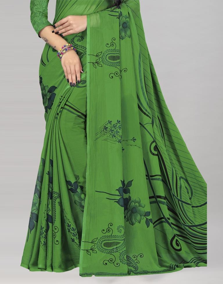 Distinctive Green Printed Chiffon Saree | Leemboodi