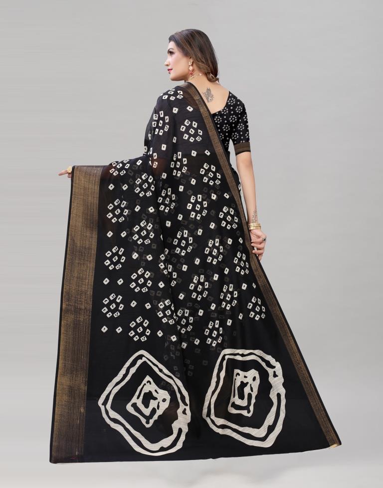 Black Cotton Bandhani Printed Saree | Leemboodi