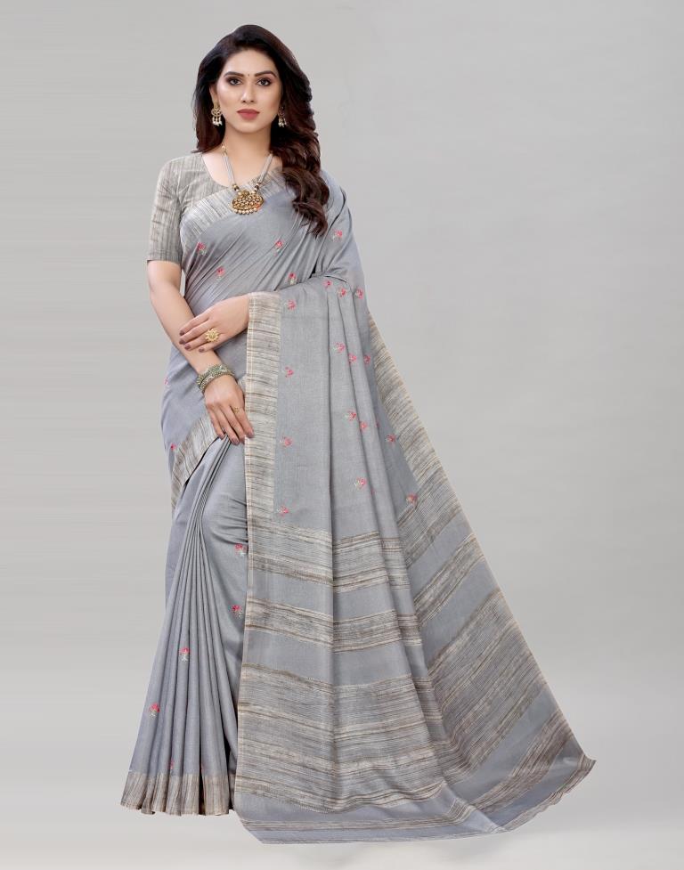 Grey Embroidered Silk Saree | Leemboodi