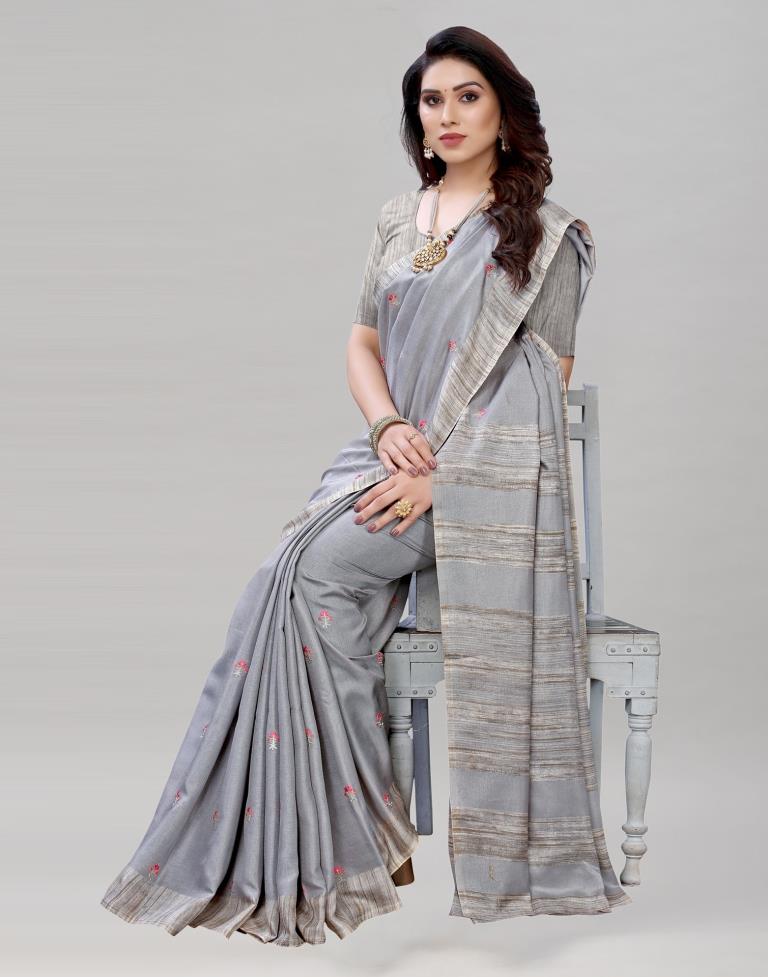 Grey Embroidered Silk Saree | Leemboodi