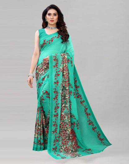 Glorious Persian Green Printed Saree | Leemboodi