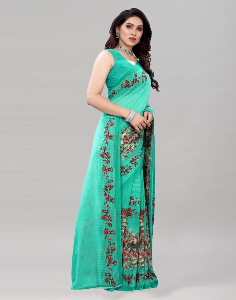 Glorious Persian Green Printed Saree | Leemboodi