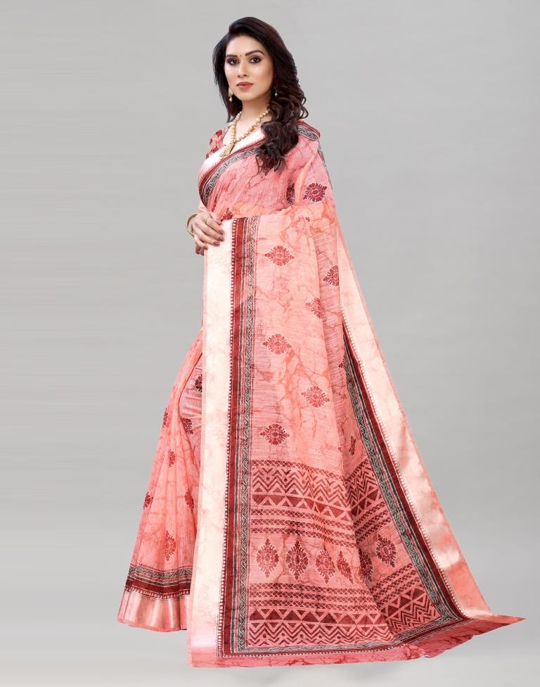Light onion pink stripe design jute cotton saree, zari border & pallu of  zari stripe designs