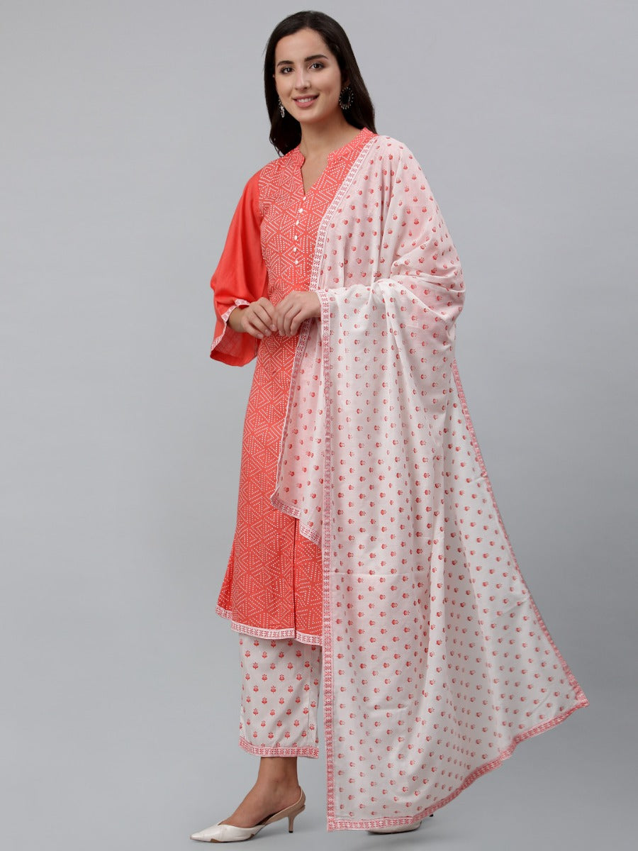 Coral Pink Khadi Printed Kurti with Pant And Dupatta | Leemboodi