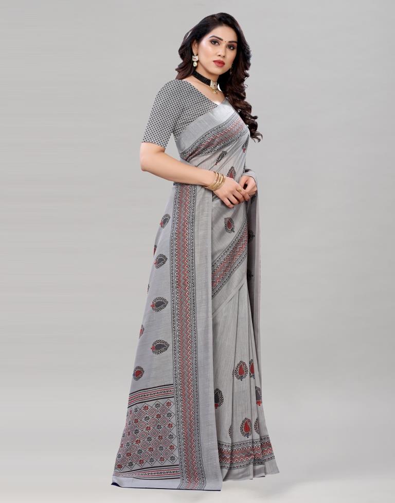 Grey Printed Silk Saree | Leemboodi