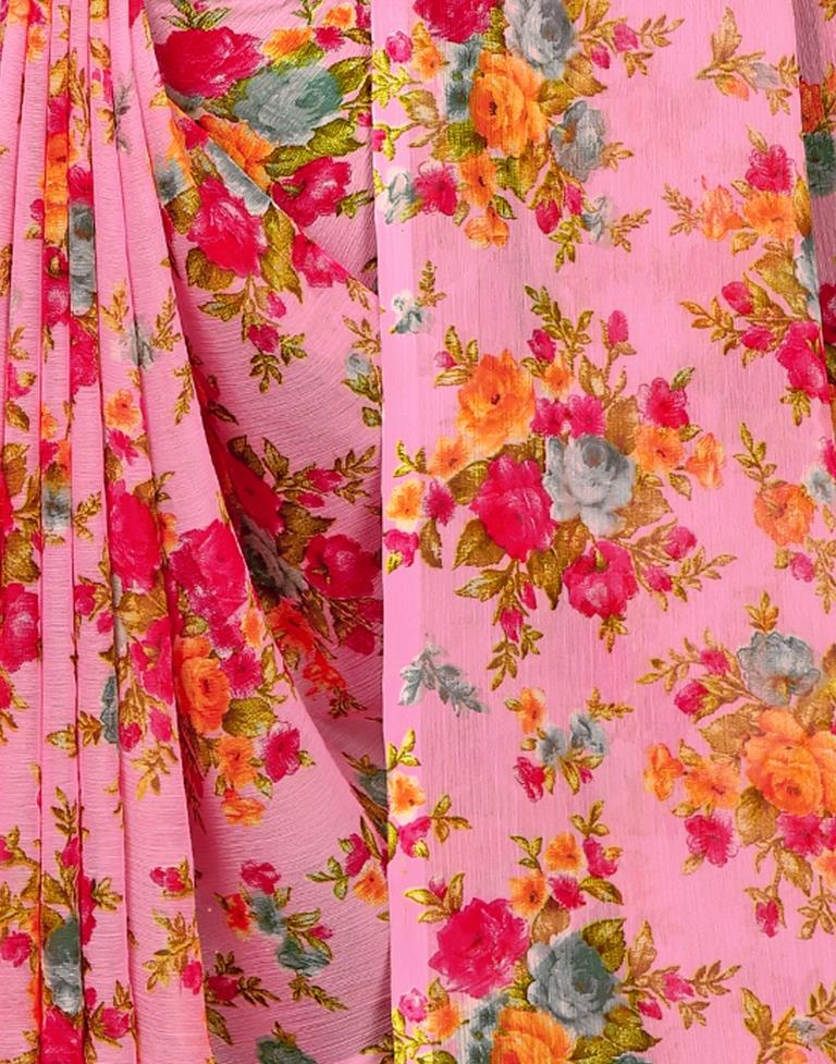 Glorious Pink Chiffon Printed Saree | Leemboodi