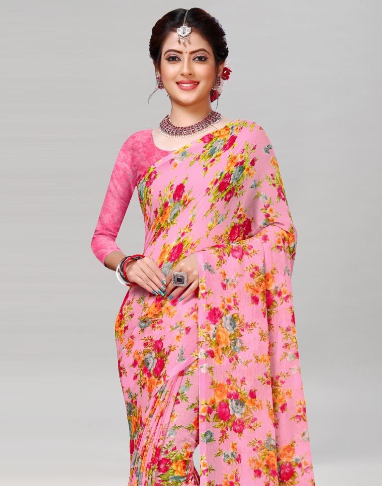 Glorious Pink Chiffon Printed Saree | Leemboodi