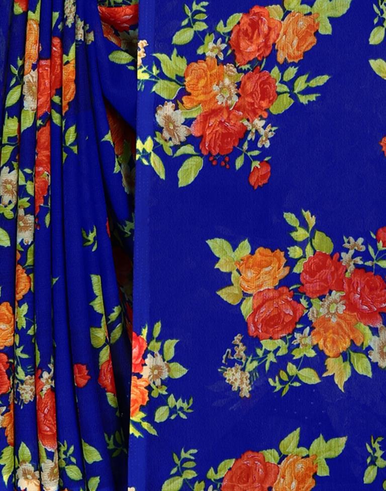 Royal Blue Chiffon Printed Saree | Leemboodi