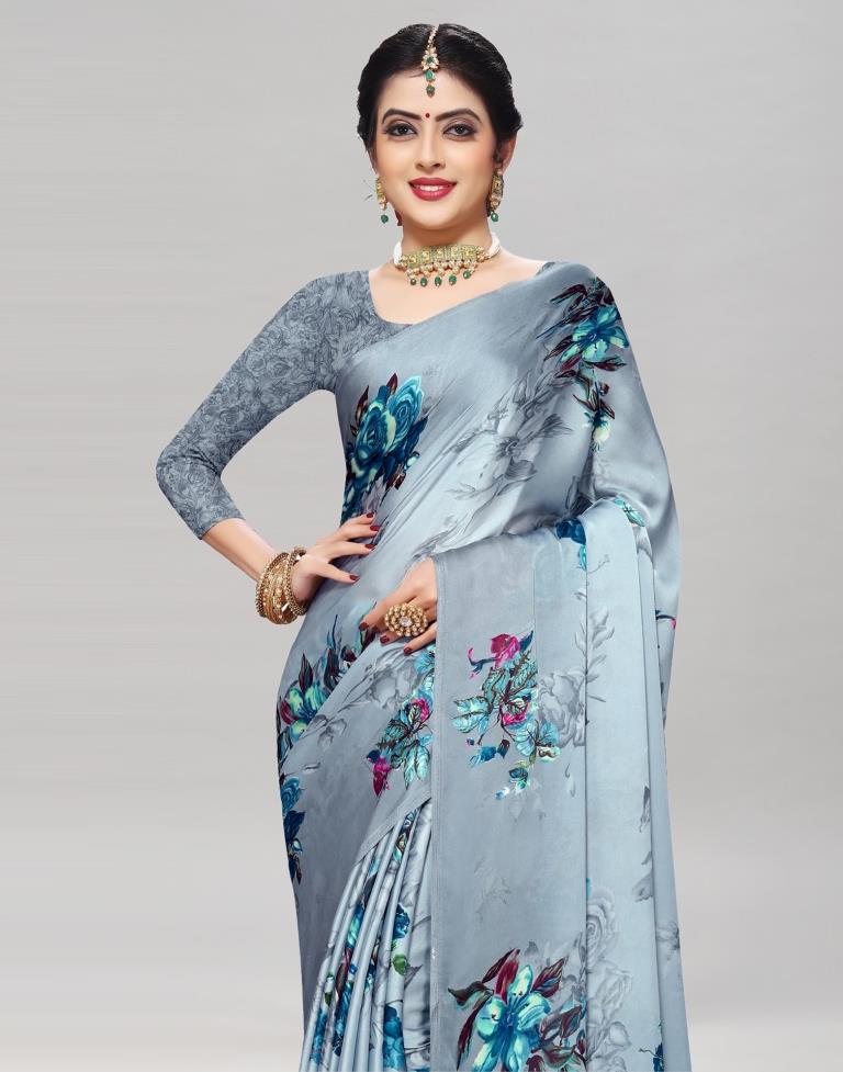 Gorgeous Grey Silk Printed Saree | Leemboodi