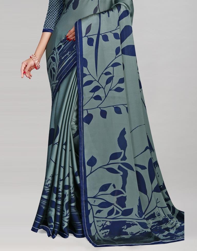 Blueish Grey Printed Saree | Leemboodi