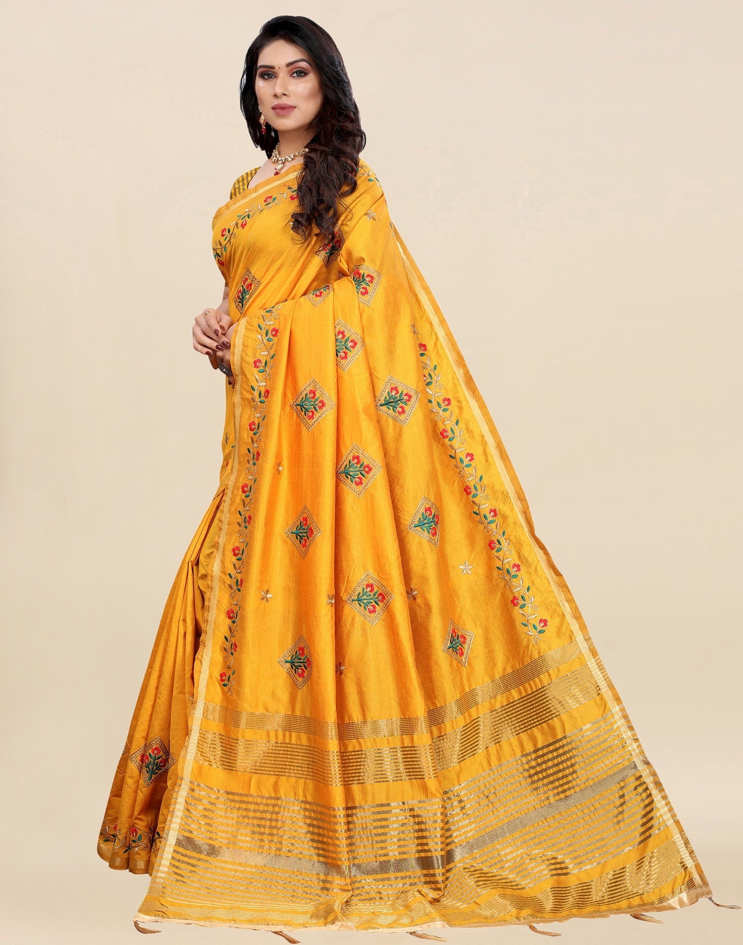 Mustard Yellow Embroidered Silk Saree | Leemboodi