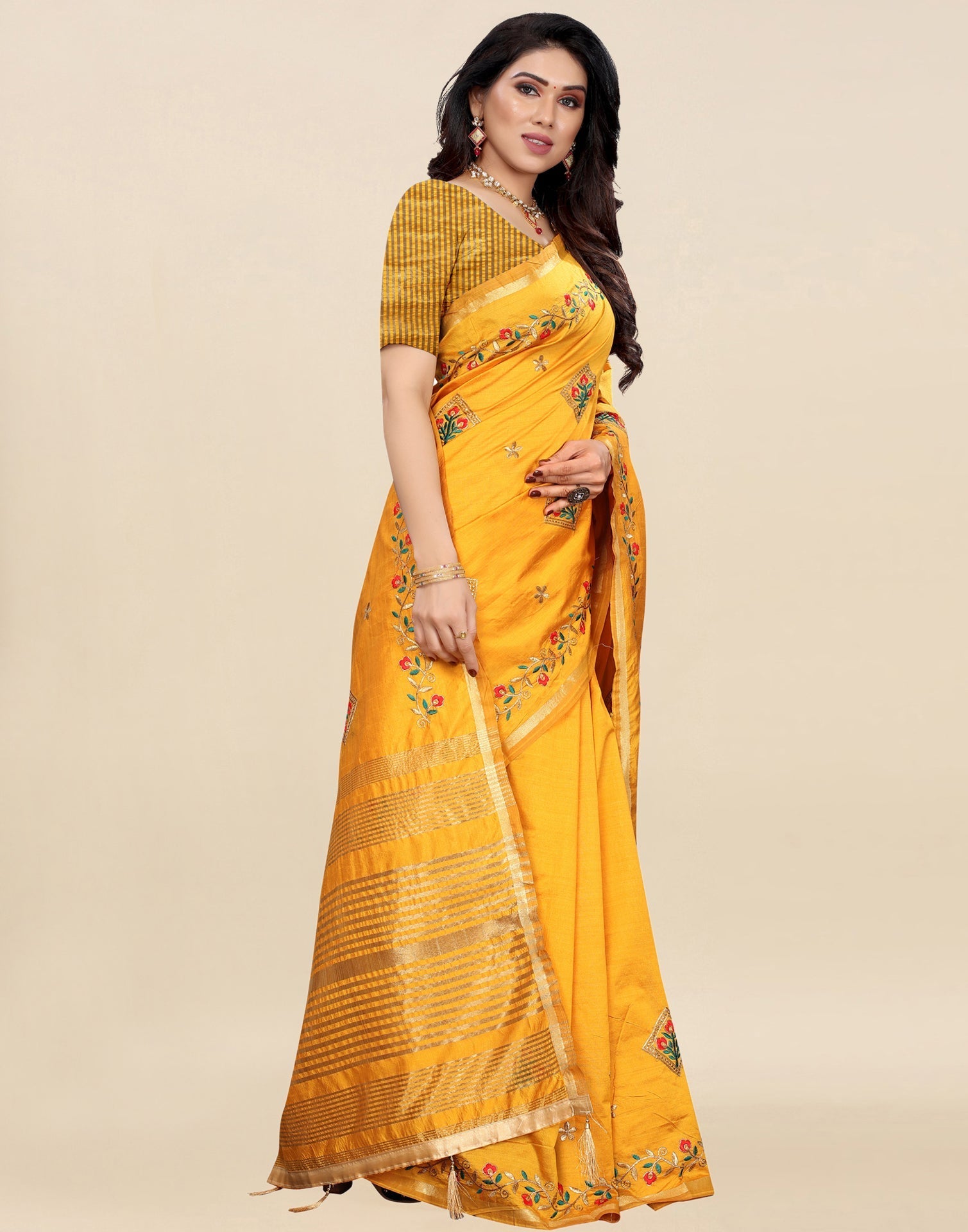 Mustard Yellow Embroidered Silk Saree | Leemboodi