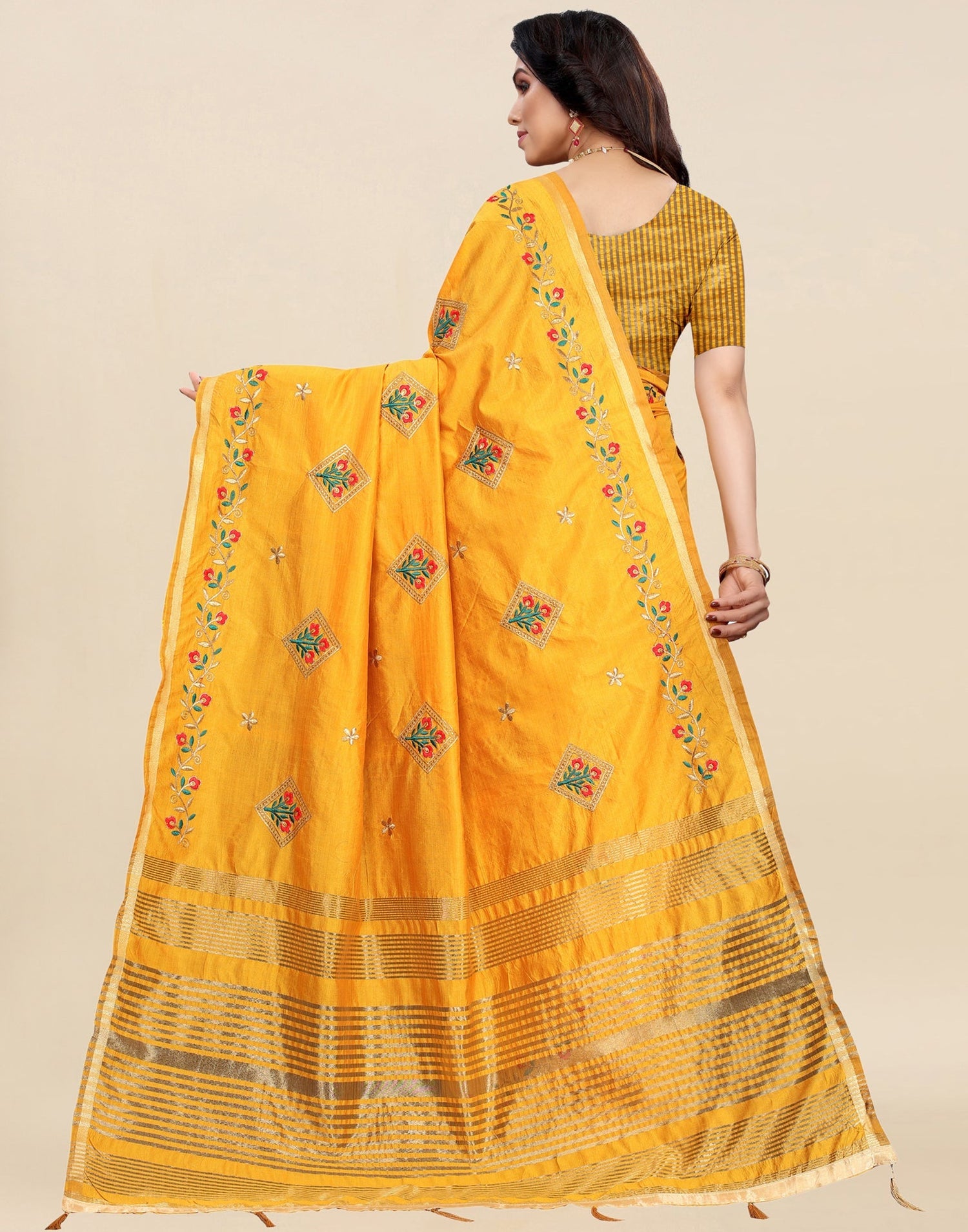 Mustard Yellow Embroidered Silk Saree | Leemboodi