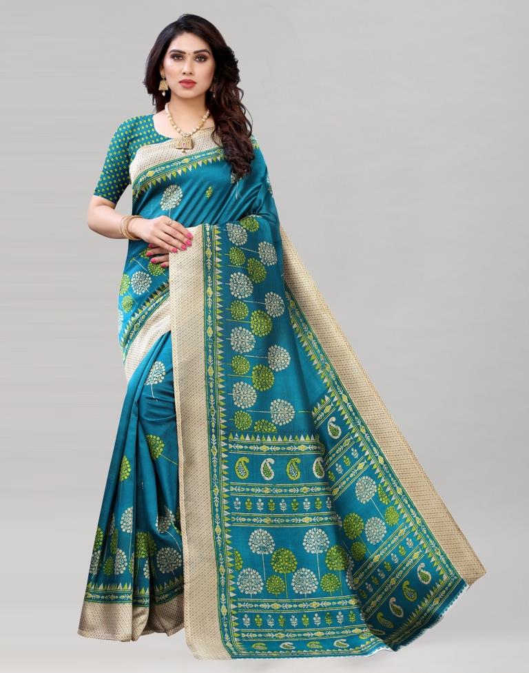 Rama Blue Coloured Poly Silk Printed Casual saree | Leemboodi