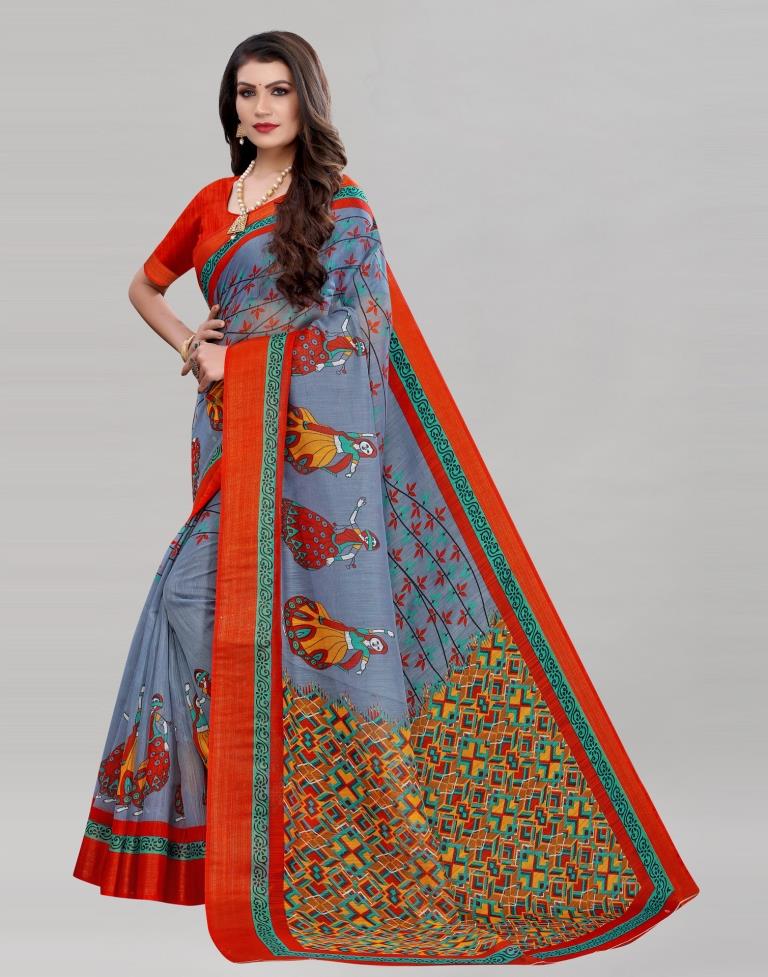 Grey Coloured Poly Cotton Printed Casual saree | Leemboodi