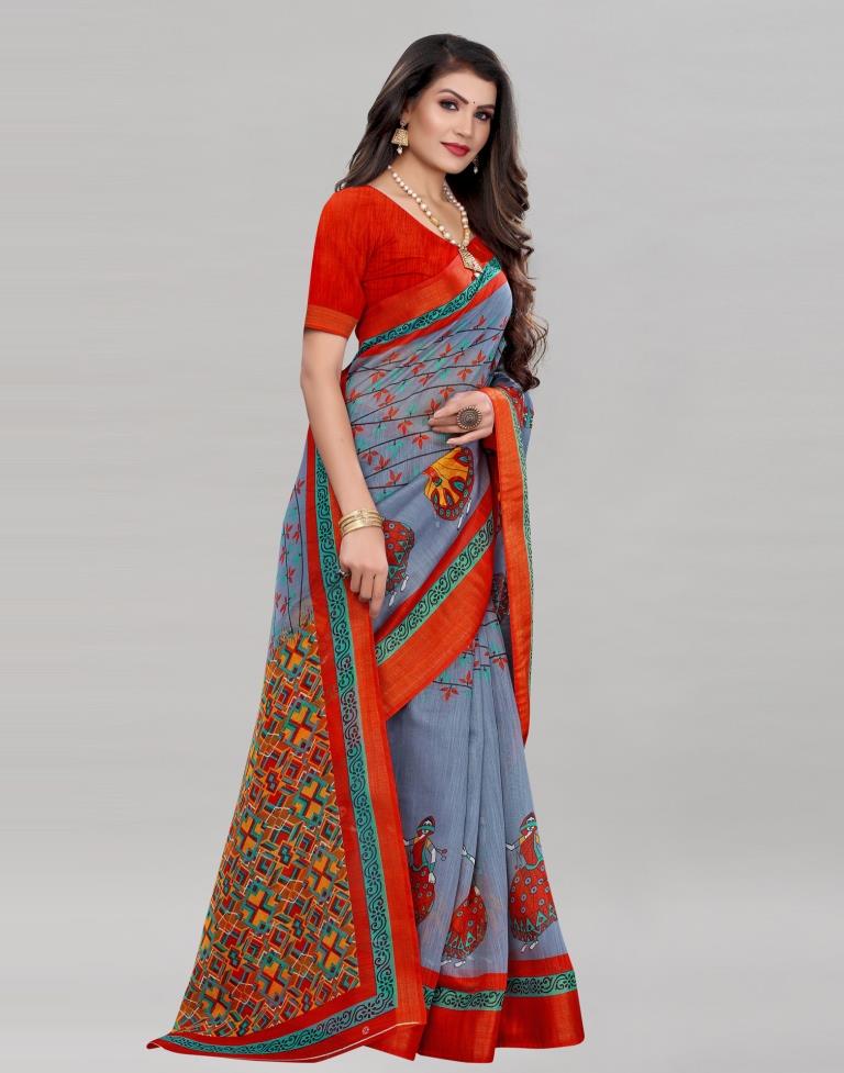 Grey Coloured Poly Cotton Printed Casual saree | Leemboodi