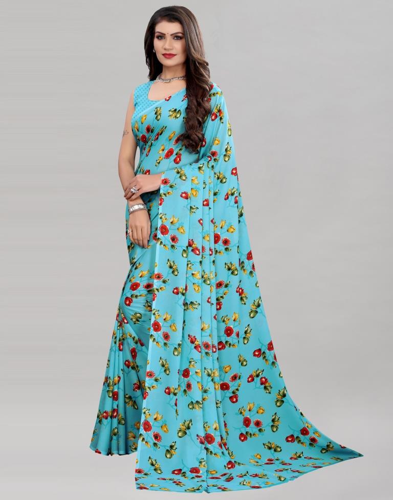 Light Blue Coloured Georgette Floral Printed Casual saree | Leemboodi