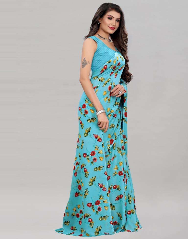 Light Blue Coloured Georgette Floral Printed Casual saree | Leemboodi